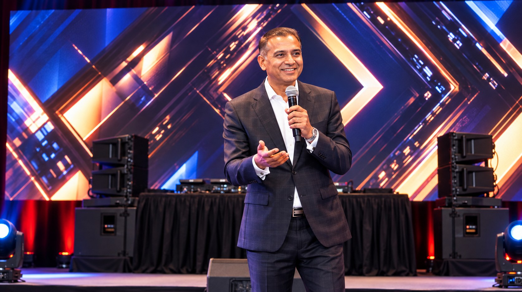 Keynote speaker on a corporate event stage with an LED video wall, line array speakers and moving head lights produced by W Square