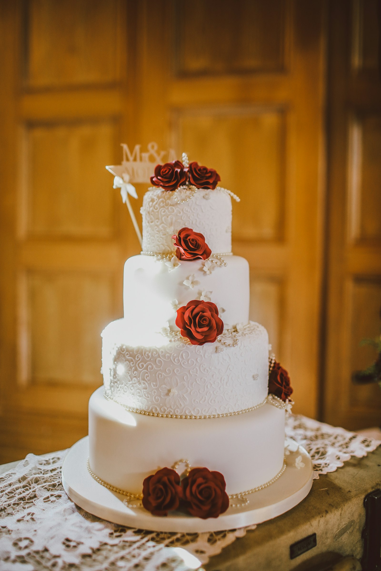 Wedding cake highlighted with a focused spotlight