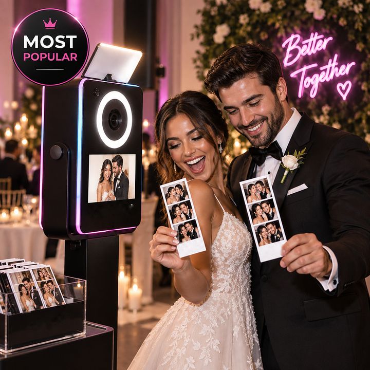 Couple holding photo strips at a classic print photo booth