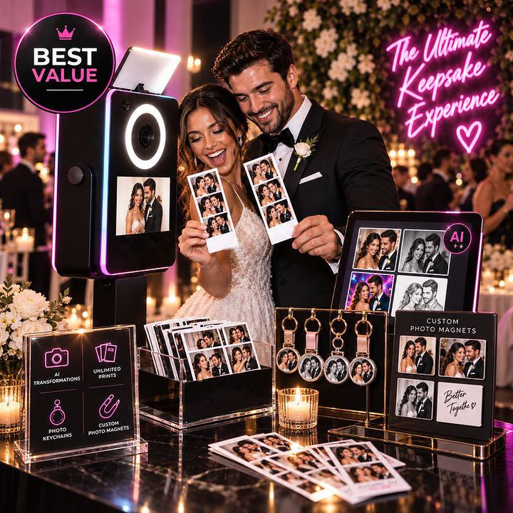 Couple with photo booth prints, keychains, and magnets at a wedding reception