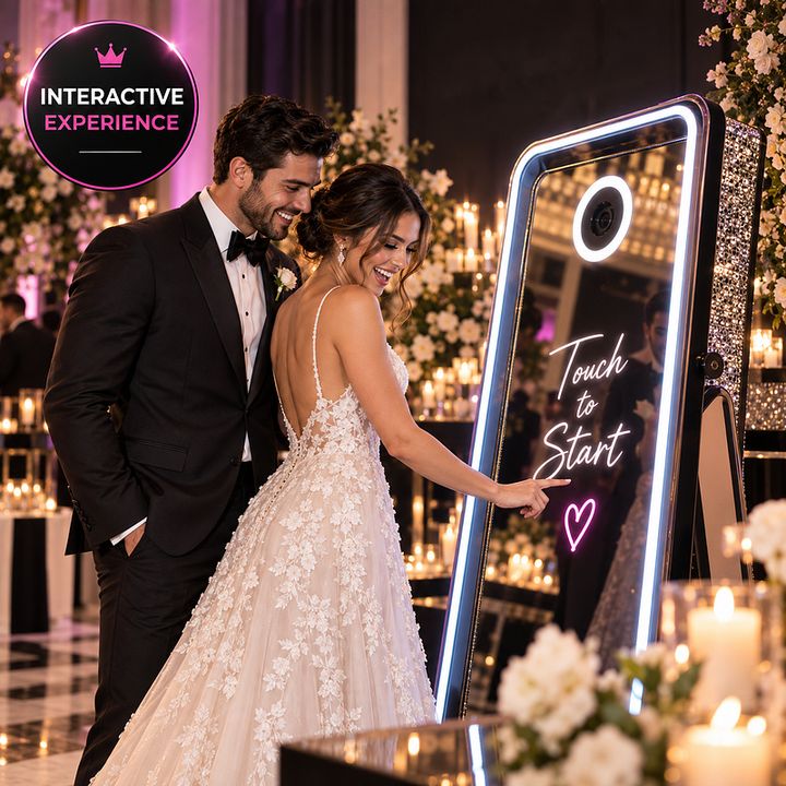 Couple using a full length touch mirror photo booth
